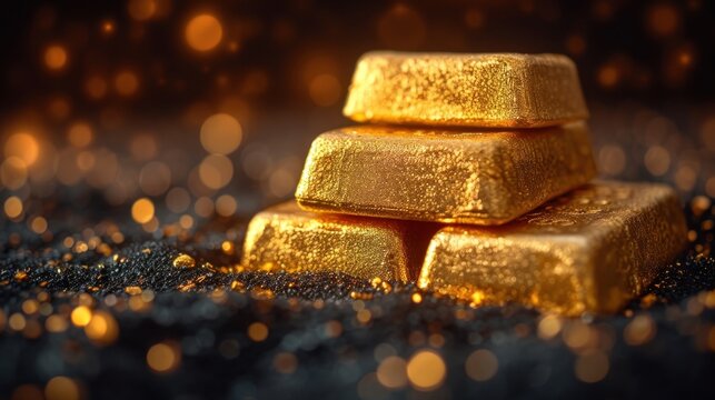  a pile of gold bars sitting on top of a pile of black glitter next to a pile of gold nuggets.