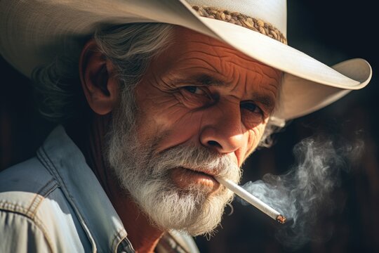 A man wearing a cowboy hat smoking a cigarette. Can be used to depict a rugged western lifestyle or a rebellious attitude