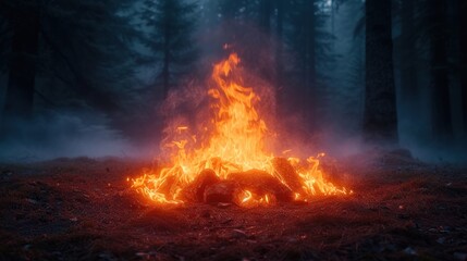  a fire in the middle of a forest filled with lots of bright yellow and red fire and smoke coming out of it.
