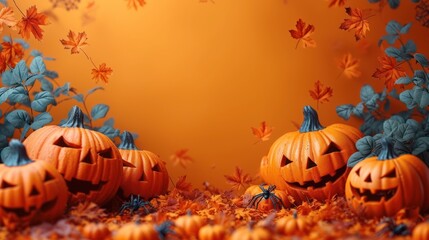  a group of carved pumpkins sitting on top of a pile of leaves next to a wall with leaves on it.