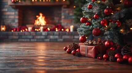  a christmas tree with presents under it in front of a fire place with a christmas tree in front of it.