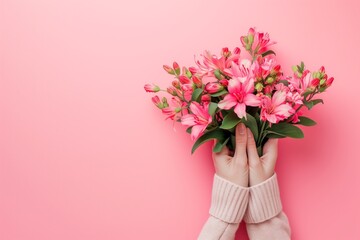 Woman Holding Flowers On Pink Background With Text Space Celebrating International Womens Day