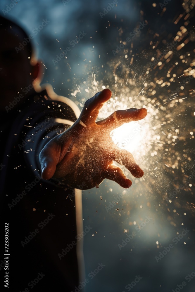 Poster A person holding out their hand with a spark coming out of it. Versatile image for various concepts and themes