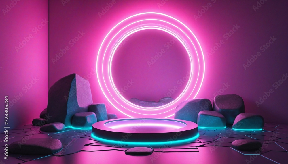 Poster virtual reality reflection: neon abstract background with glowing ring and stone elements