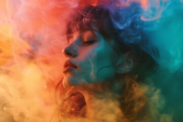 Fototapeta na wymiar Captivating Portrait Of A Young Woman Surrounded By Vibrant Smoke, Embracing An Abstract Fashion Statement - Centrally Composed With Copy Space