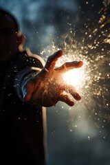 A person holding out their hand with a spark coming out of it. Versatile image for various concepts and themes