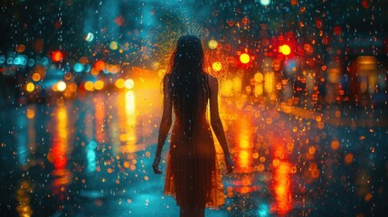  a woman standing in the rain on a city street at night with an umbrella over her head and a blurry street light in the background.