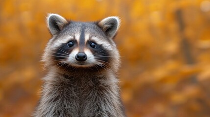  a close up of a raccoon's face with a blurry background of trees in the background.