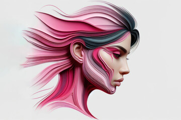 3d illustration of a pink layered with womans face painted and abstract on solid white background. ai generative