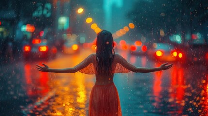  a woman in a red dress is standing in the rain with her arms outstretched in front of a city street at night.
