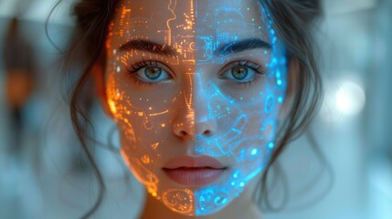  a woman's face is shown with a futuristic interface in the middle of her face and a circuit board in the middle of her face.