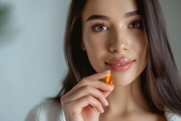 Young Woman Holds Orange Pill For Stronger Skin, Hair, Nails Health Boost At Home