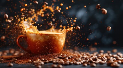  a cup of coffee with a splash of coffee on top of it and coffee beans falling out of the cup.