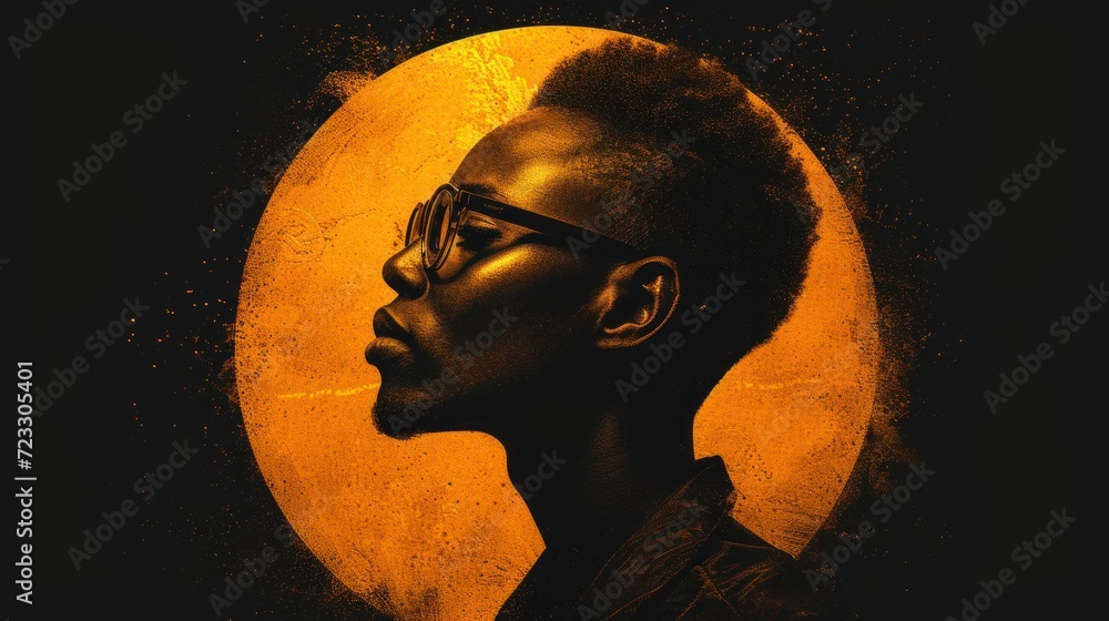 Sticker  a portrait of a black woman wearing glasses in front of a yellow and black background with the moon in the background.