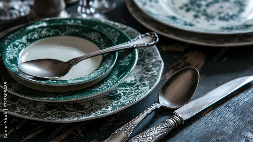 Poster a close up of a plate with a spoon and a spoon rest on a table with other plates and utensils on top