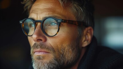  a close up of a man wearing glasses looking off to the side with a serious look on his face and a serious look on his face.