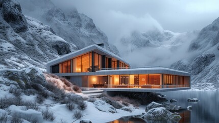  a house sitting on top of a snow covered hillside next to a body of water with mountains in the background.