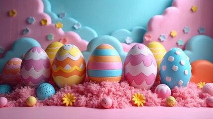  a group of easter eggs sitting on top of a pink table cloth covered in pink and blue sprinkles.