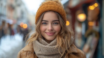  a close up of a person wearing a hat and a scarf and a scarf around her neck and a scarf around her neck.