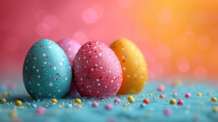  a group of three colorful eggs sitting on top of a blue and pink surface with sprinkles on it.