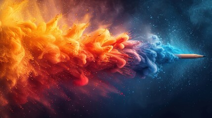  a pencil flying through the air in front of a multicolored explosion of smoke and liquid on a black background.