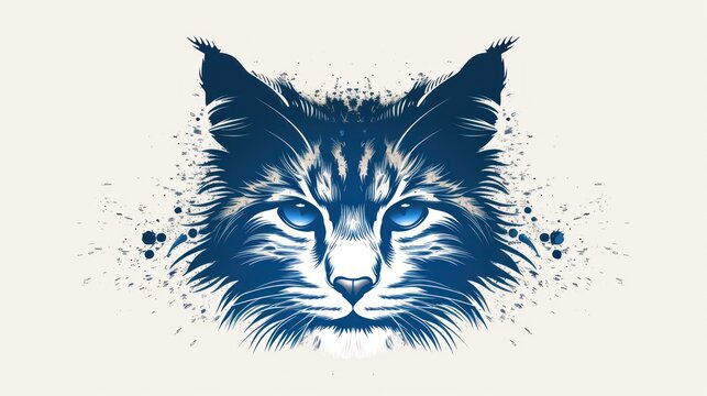  a close up of a cat's face with a blue and white paint splattered on the background.