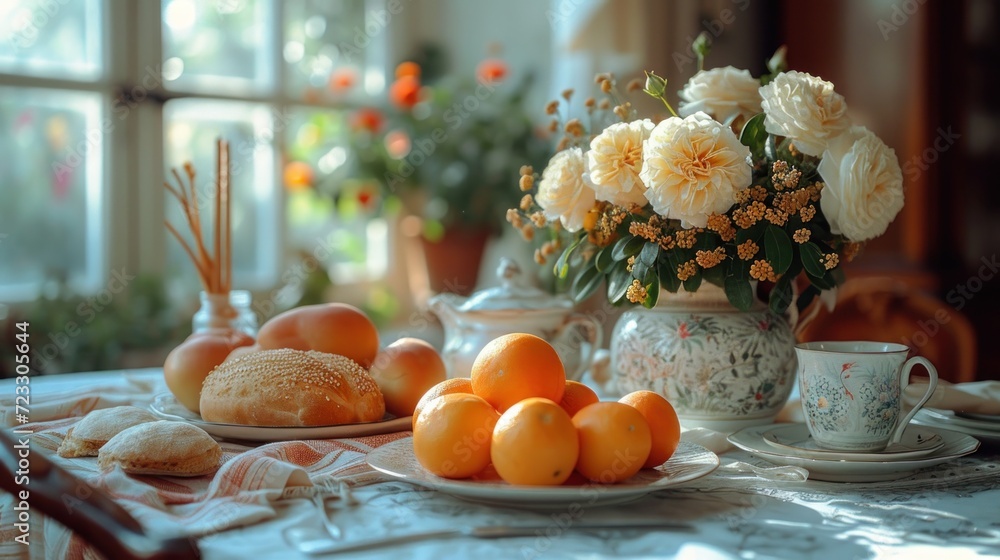 Poster a table topped with a plate of oranges next to a vase of flowers and a bowl of oranges next to a pla