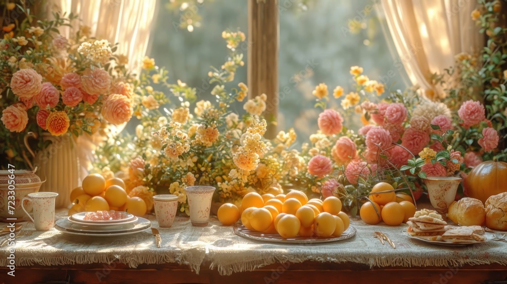 Poster a painting of oranges on a table in front of a window with a vase of flowers and a plate of oranges 