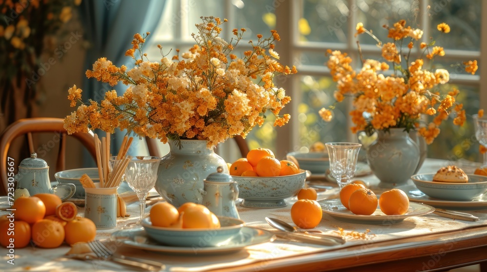 Poster a table topped with oranges and a vase filled with oranges next to a vase filled with oranges and a 