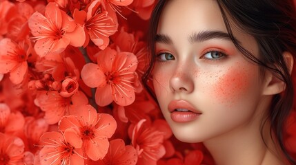  a close up of a woman with freckles on her face and red flowers in front of her face.