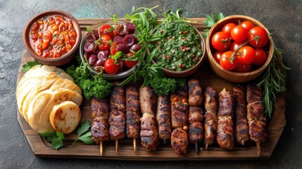  a wooden tray topped with lots of meat and veggies next to bowls of dips and sauces.