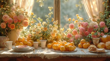  a painting of oranges on a table in front of a window with a vase of flowers and a plate of oranges on a table in front of oranges.