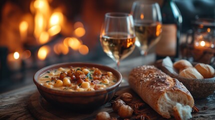  a bowl of soup sits next to bread and a glass of wine on a table in front of a fireplace.