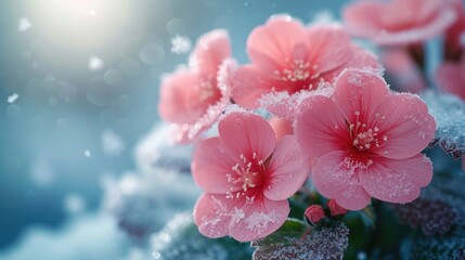  a bunch of pink flowers sitting on top of a pile of snow covered plants in front of a blue sky.