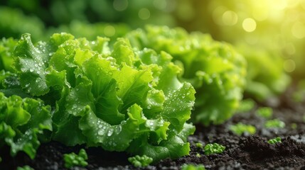  a close up of green lettuce growing in the soil with water droplets on the lettuce leaves.