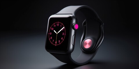 A sleek black  Watch with a vibrant pink light illuminating the screen. Perfect for technology enthusiasts and fashion-forward individuals looking for a stylish accessory