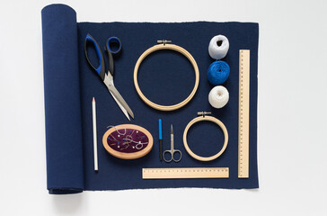 Set of accessories for hand embroidery in Sashiko style: blue canvas, white threads, pincushion...