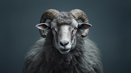 Fototapeta premium Schaf-Kopf / Widder. Portrait. Solo. Vor grauem Hintergrund. Fotorealistische Illustration