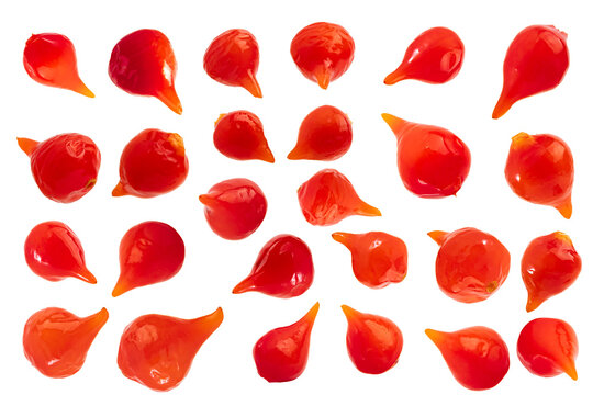 Pepper Biquinho condiment, traditional Brazil, flying in the air with a transparent background. PNG