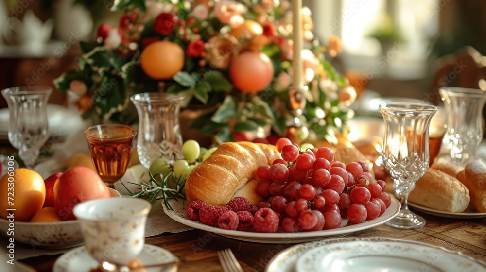 Aufkleber a close up of a plate of fruit on a table with a vase of flowers in the background and a vase of flo