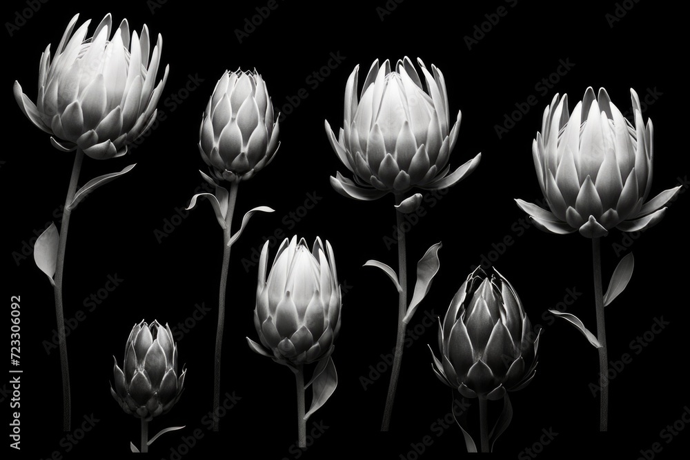 Poster a black and white photograph capturing a beautiful bunch of flowers. perfect for adding a touch of e