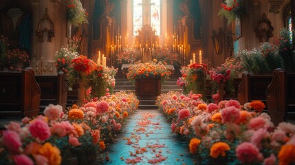 a church filled with lots of flowers next to a row of pews with lit candles on each side of the aisle and a row of flowers on either side of the aisle.