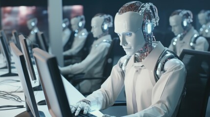 A robot sitting in front of a computer, ready to perform tasks. Suitable for technology and artificial intelligence concepts