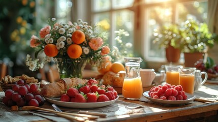  a table topped with a plate of fruit and a bowl of fruit next to a bowl of oranges and a bowl of strawberries and a vase of flowers.
