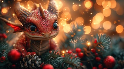  a red dragon sitting on top of a pile of pine cones next to a forest filled with red berries and pine cones.