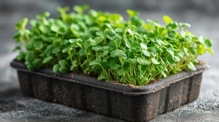  a close up of a plant in a plastic container on a cement surface with a gray background and a small amount of green - Powered by Adobe