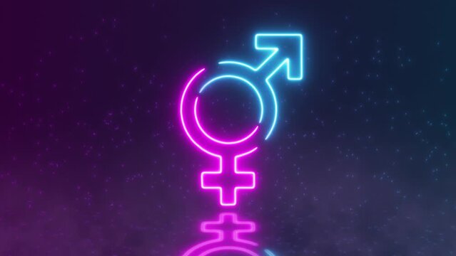 Neon Bigender Symbol Icon with a Particle Background. Gender Indicator. Gender Diversity and Equality. Neon Sign. Neon Blue and Pink Bigender Sing.