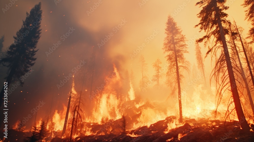 Poster A fire is burning in the middle of a forest. This image can be used to depict the destructive power of wildfires and the need for fire prevention measures
