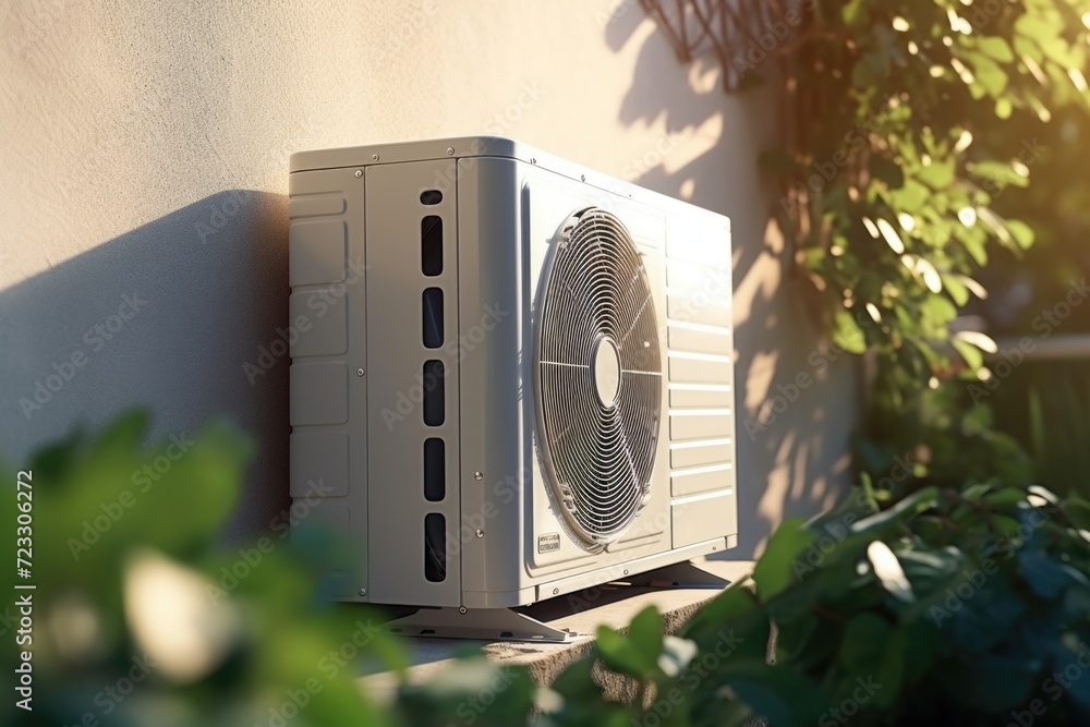 Poster a white air conditioner sitting on the side of a building. suitable for illustrating energy efficien