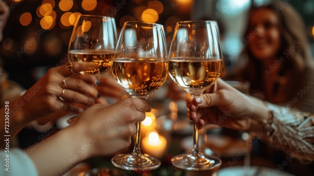 Canvas Prints  a group of people toasting with glasses of wine in front of a christmas tree with lights in the background.